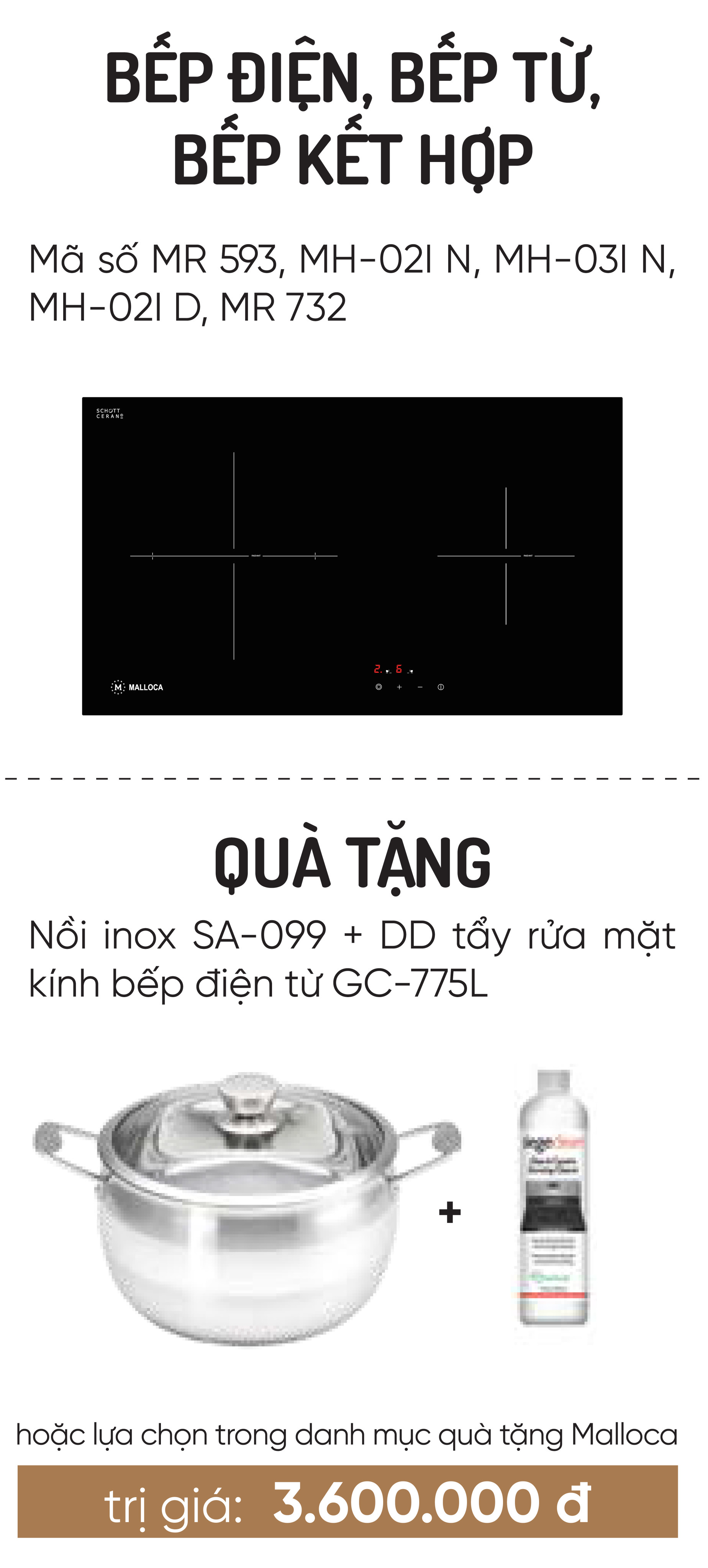 Bếp từ Malloca MH-02I D - Tặng nồi inox nấu từ cao cấp + Dung dịch vệ sinh kính bếp - Hàng chính hãng