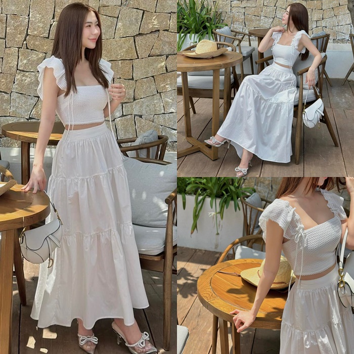 ĐẦM MIDI SET ÁO CROPTOP DÂY CỔ U TAY NGẮN + CHÂN VÁY DÀI CHỮ A XẾP LY SUÔNG TRƠN MAXI PASTEL ĐI TIỆC ĐI BIỂN ĐI CHƠI DẠO PHỐ