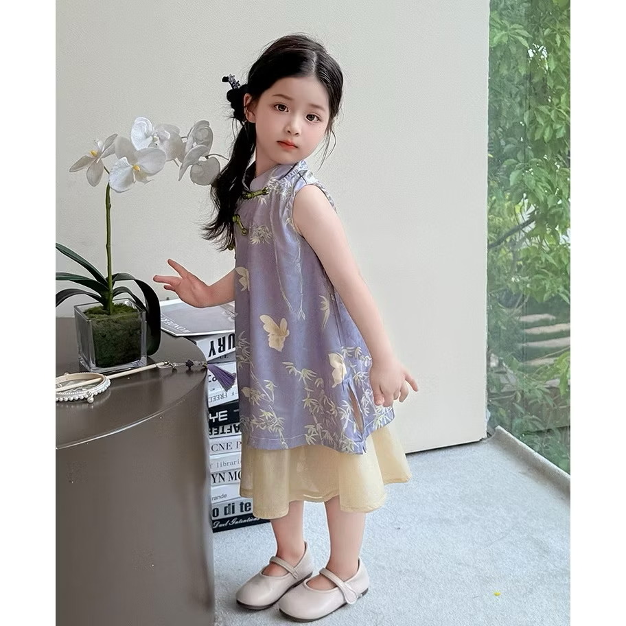 Váy Cách Tân Cổ Tàu Dáng Suông Họa Tiết Bướm Tím 1-8 Tuổi Dành Cho Bé Gái