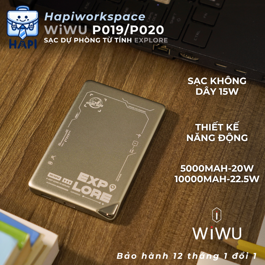 Sạc dự phòng từ tính hàng chính hãng WiWU Explore 5.000/10.000mAh, siêu mỏng, sạc không dây 15W, LED độc lạ