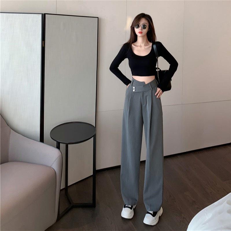 Quần tây ống suông rộng nữ lưng cao 2 khuy lệch dáng dài 100 cạp vát chéo độc đáo M52
