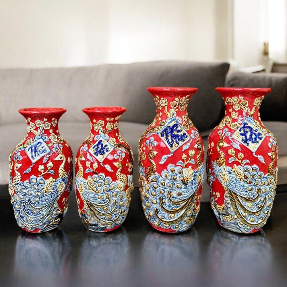 Bình Thờ Lộc Bình Bát Tràng Men Đỏ Phúc Đức RỒNG VIỆT 25-30cm, Họa Tiết Công Đào Nổi Cao Cấp