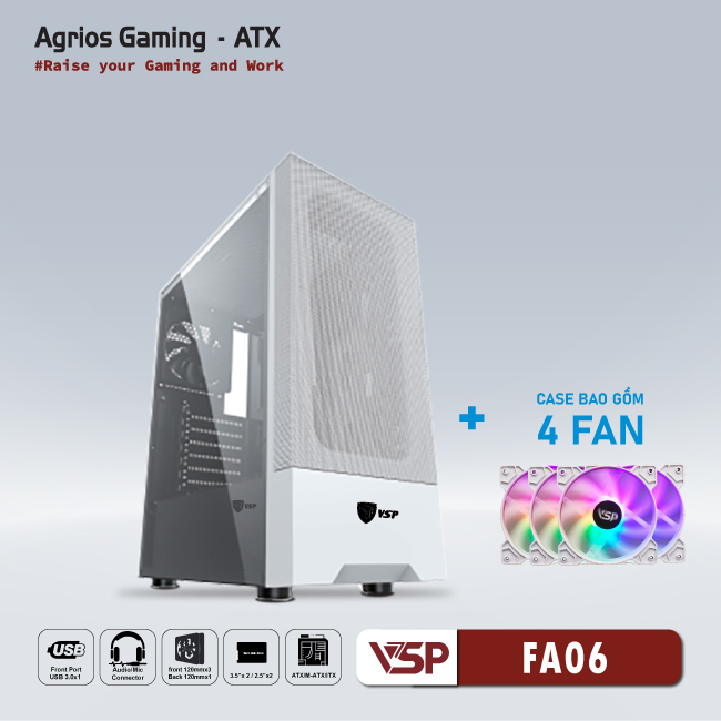 Vỏ máy tính Case VSP FA06 [TRẮNG] sẵn 4 Fan LED ARGB Gaming Kính cường lực (ATX, mATX, ITX) - Hàng chính hãng Tech Vision phân phối