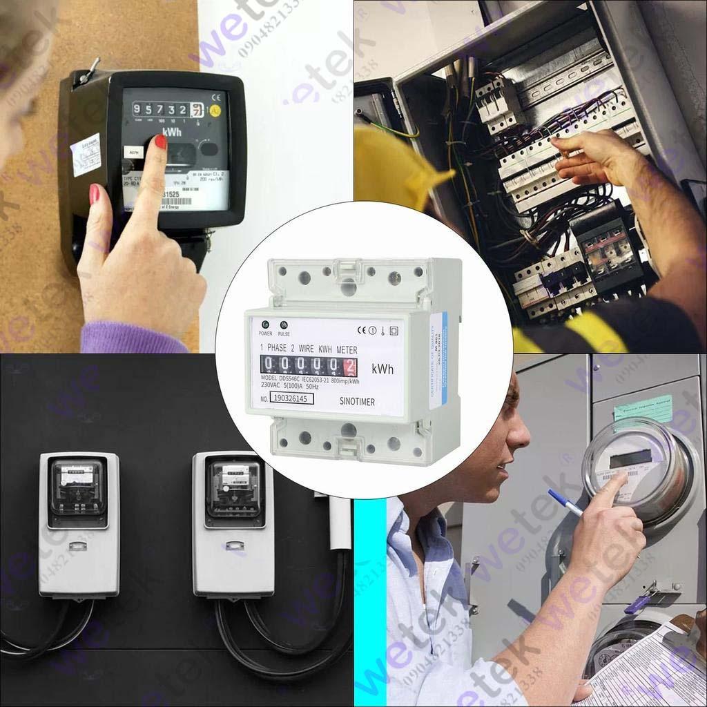 Công tơ 1 pha Sinotimer DDS546C hiển thị cơ 99999.9kWh 230Vac 5(100)A cài DIN nhỏ gọn (an toàn, không cho reset)