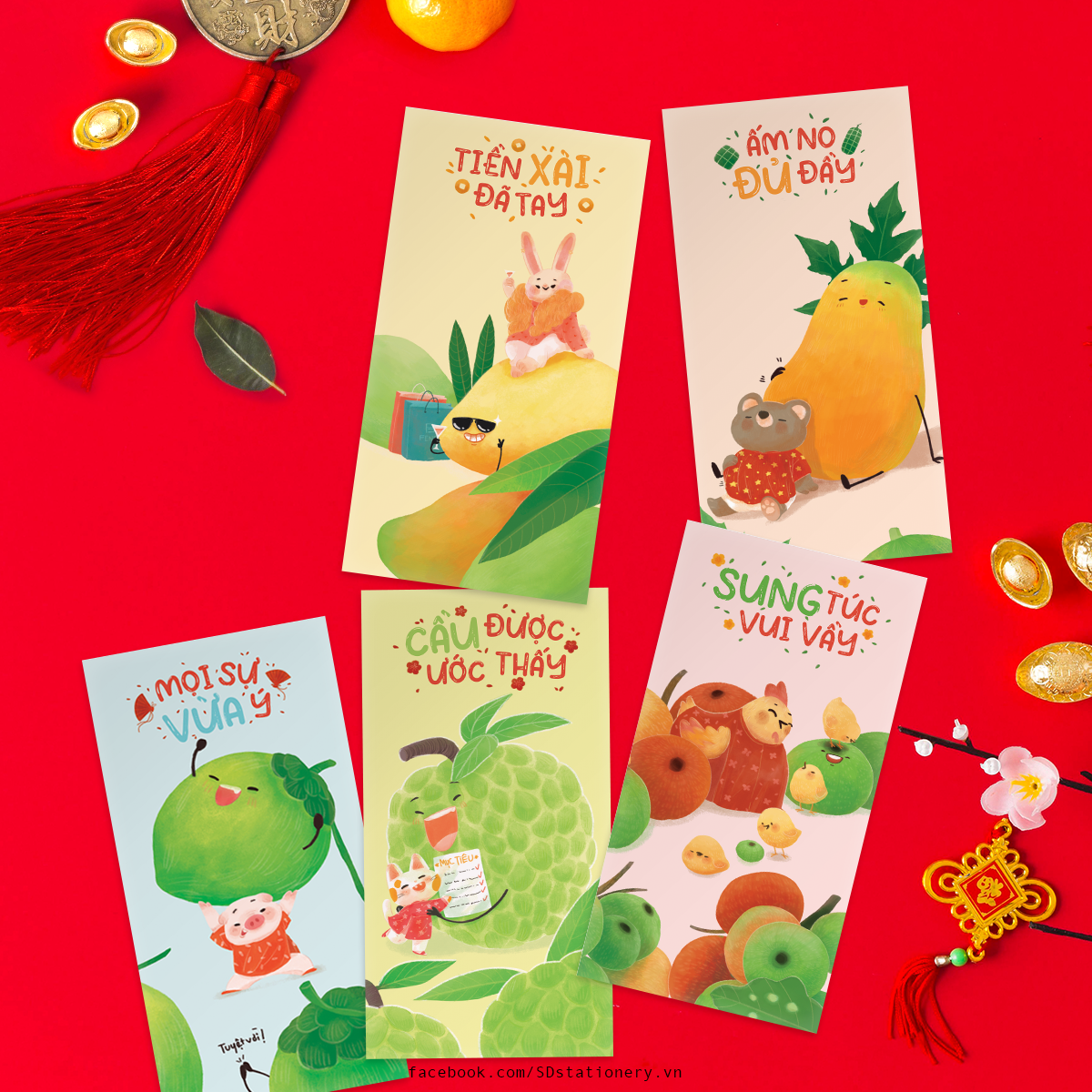 Bao lì xì SDstationery NGŨ QUẢ SUM VẦY (set 5 bao) giấy chất lượng cao, dễ thương, vui nhộn, độc lạ 9x17 cm