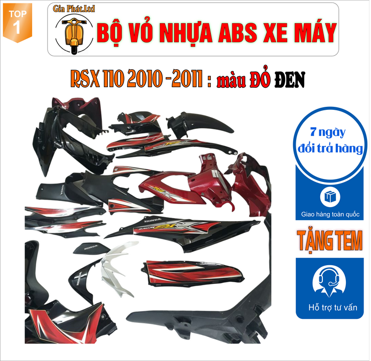 [TẶNG TEM] Dàn áo xe WAVE RSX 110 nhựa nguyên sinh ABS cao cấp màu ĐEN ĐỎ đời 2010 -2011- TKB-548-831