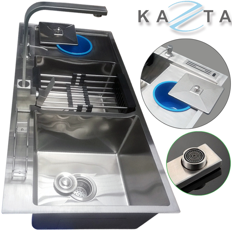 Combo Chậu Rửa Chén Bát  KAZTA KZ-CB10048H Inox Có Hố Rác Tiện Lợi Gồm: Chậu Rửa Chén, Vòi Rửa Chén Và Nhiều Phụ Kiện Kèm Theo