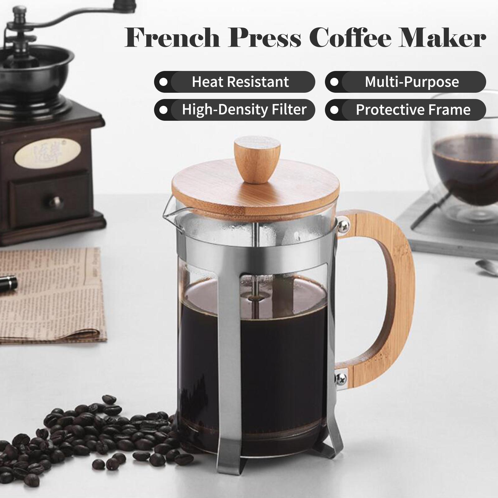 French Press Coffee Maker with Wooden Handle High-Density Filter Heat Resistant Borosilicate Glass Teapot Coffee Press