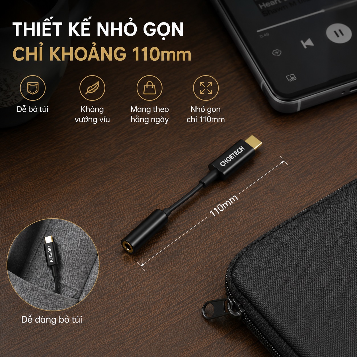 Cáp Chuyển âm thanh USB-C Sang Audio 3.5mm Choetech AUX003-BK Có DAC Hi-Res 24bit/96kHz Cho Tai Nghe Có Dây Loa Ô Tô cho iPad, Macbook, iPhone, Samsung, Huawei, Oppo - Hàng nhập khẩu