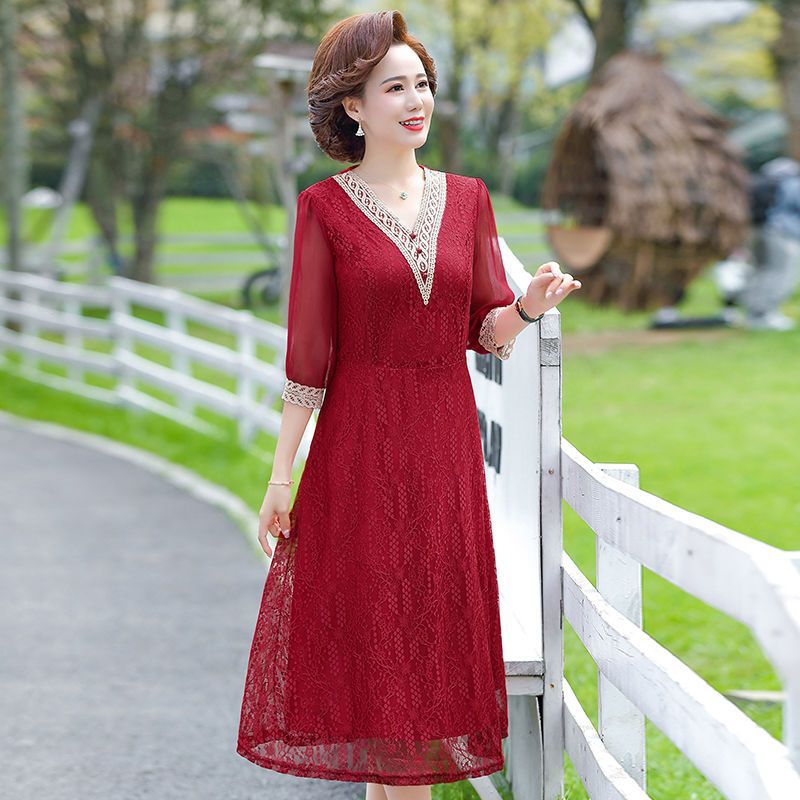 Váy Dài Cổ V Thanh Lịch Phối Ren Cho Mẹ VH26 - Hàng Quảng Châu Cao Cấp