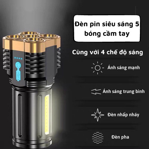Đèn pin siêu sáng 5 bóng với 4 chế độ sáng thiết kế nhỏ gọn tiên lợi, Đèn tích điện siêu sáng cầm tay độ sáng cao