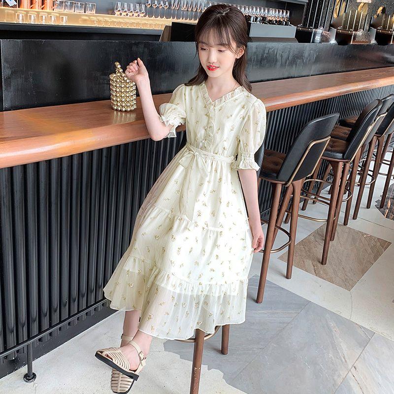 DONGSHOP HOT Váy bé gái mùa hè váy trẻ em hoa chiffon đầm 2023 bé gái lớn cô gái váy mùa hè siêu tiên
