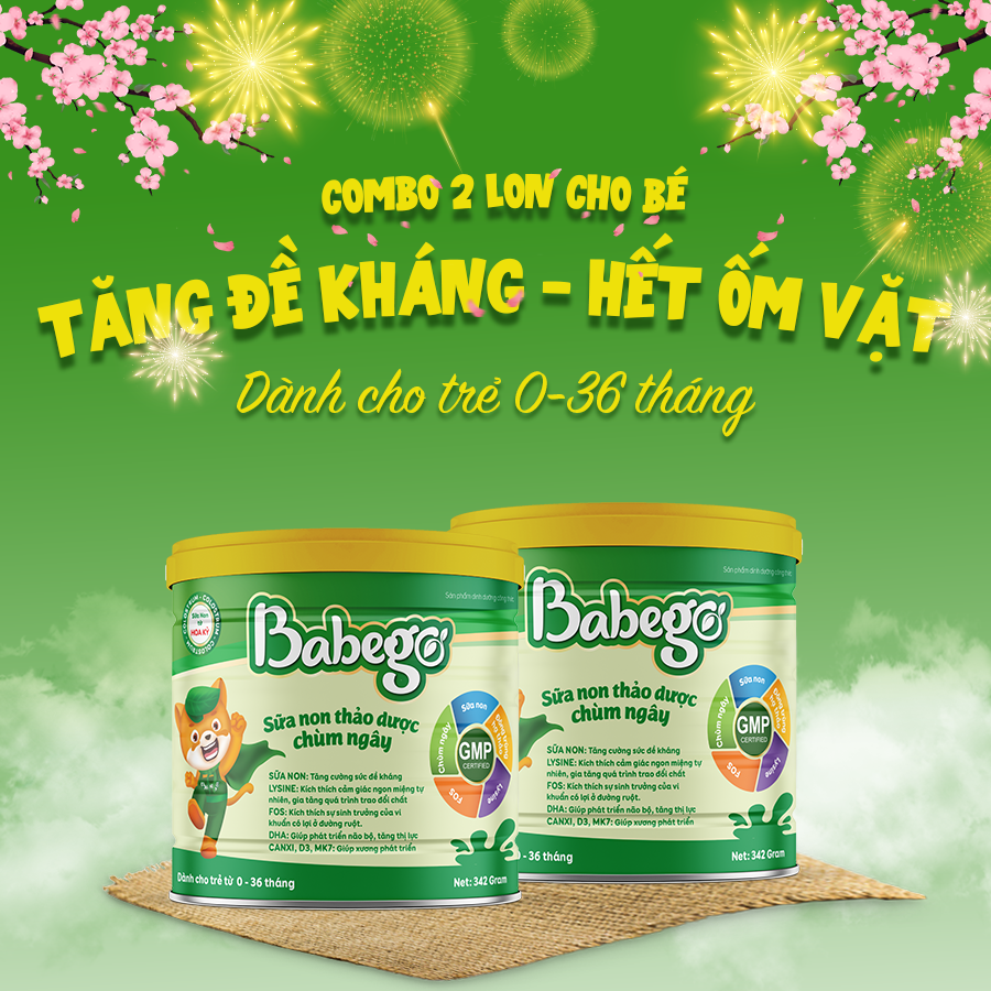 [Tặng 1 D3K2 BABEGO] Combo 2 lon sữa non thảo dược chùm ngây Babego cải thiện biếng ăn, táo bón, chậm tăng cân, hay ốm vặt - Dòng cao cấp