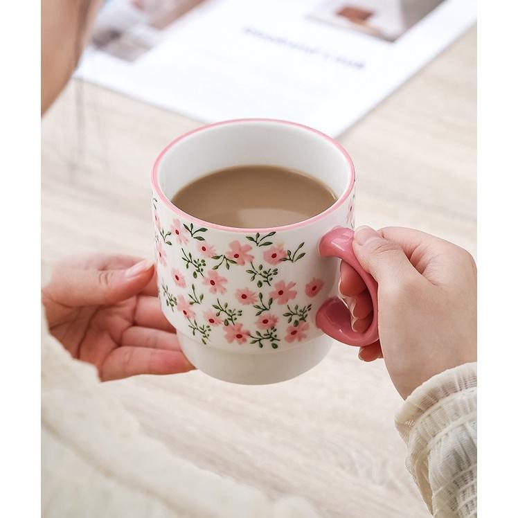 Cốc sứ uống trà, cốc cafe 400ml in hình hoa dễ thương