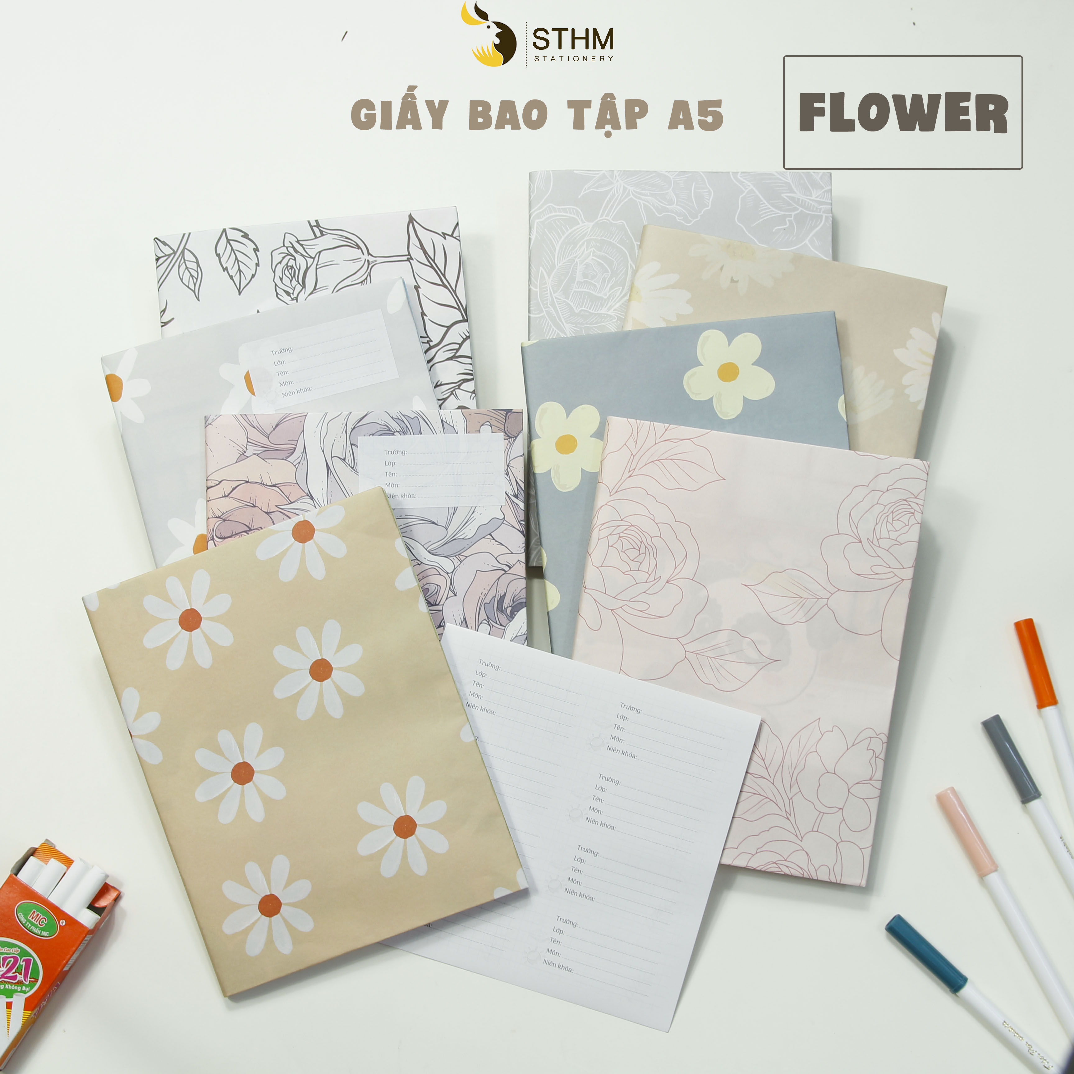 - Giấy bao tập A5 - Flower - Tặng kèm 8 nhãn vở - Kraft trắng 100gsm - Giấy dai