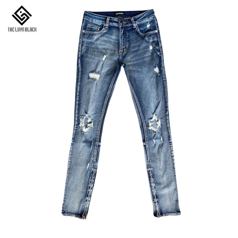 Quần Jean Nam TLB Xanh Blue Rách Gối Gắn Zipper YKK Khoá Kéo Ống Wash Màu Cực Đẹp