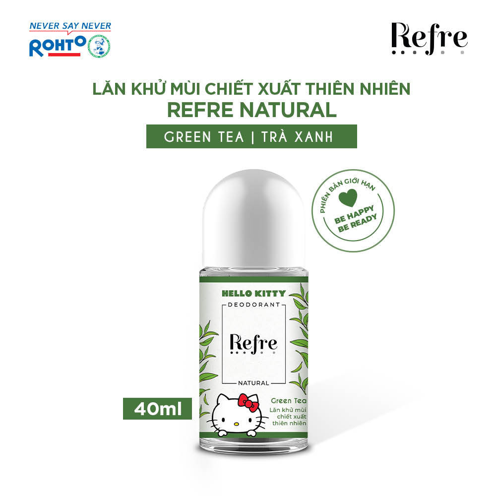 Lăn khử mùi Refre Natural Green Tea Hương Trà Xanh 40ml (Phiên bản Hello Kitty giới hạn) + Tặng móc khóa Hello Kitty xinh xắn