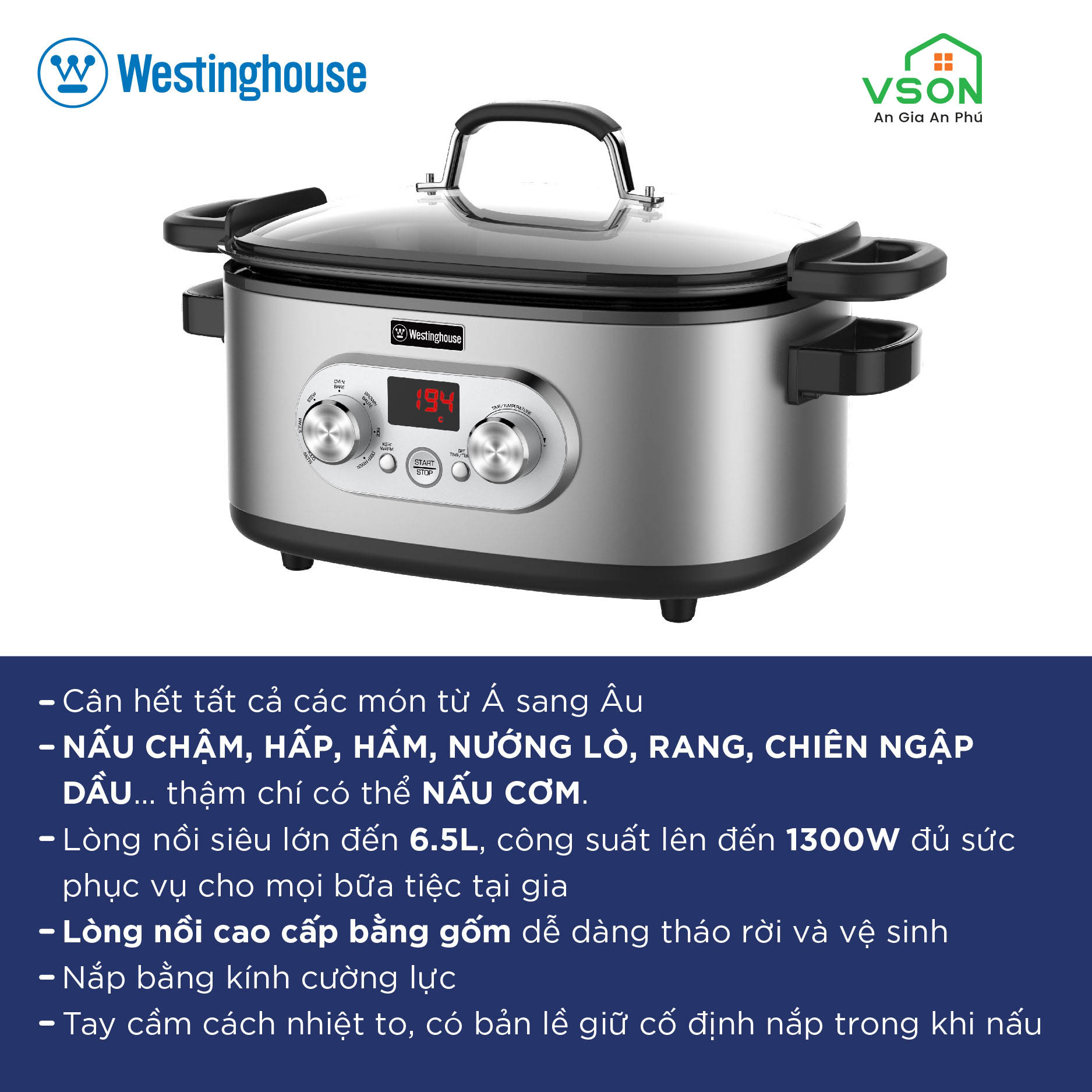 Nồi nấu đa năng Westinghouse WKMFCH509 6.5L công suất 1300W Nhôm đúc - Hàng chính hãng Mỹ