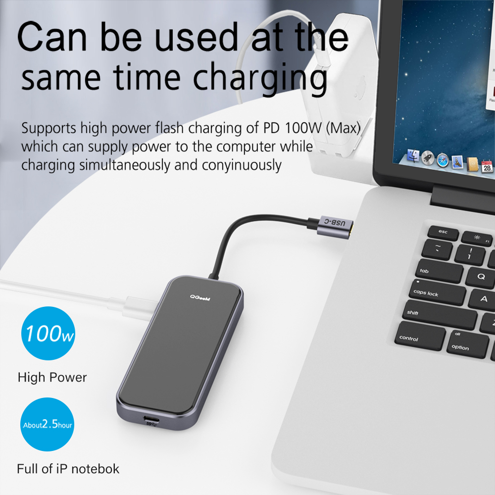 Bộ Hub USB C QGeeM 5 trong 1 4K USB C sang HDMI, 2 x USB 3.0, 1 x USB-C 3.0, 1 x USB-C 100W PD Charger tương thích với MacBook Pro 2019/2018 IPad Pro, Chromebook, XPS, Type-C Adapter - Hàng Chính Hãng