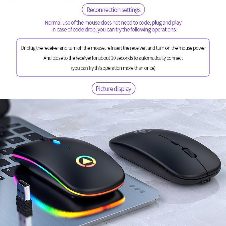A2 Wireless Silent Mouse 2.4G Ultra Slim 1600DPI Optical Ergonomic RGB LED Backlit Rechargeable Gaming Mice