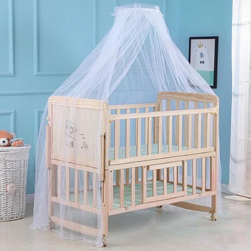 Giường cũi đa năng cho bé, cũi gỗ trẻ em 2 tầng, gỗ thông, có bánh xe, màn chống muỗi, ghép cạnh giường người lớn