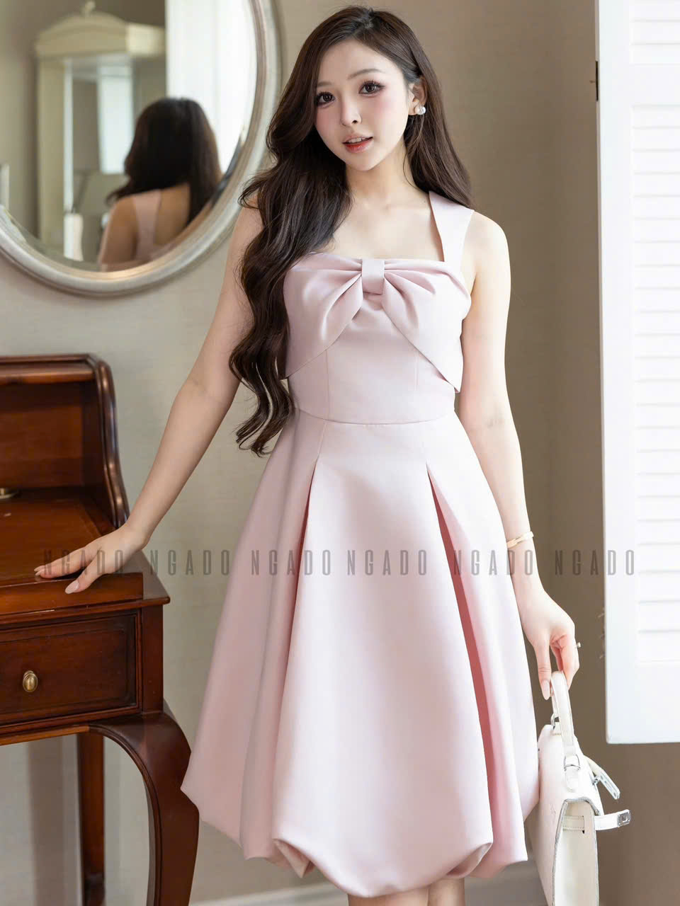 Đầm hồng cổ phối nơ NGADO , đầm ngắn , đầm dự tiệc , dạo phố