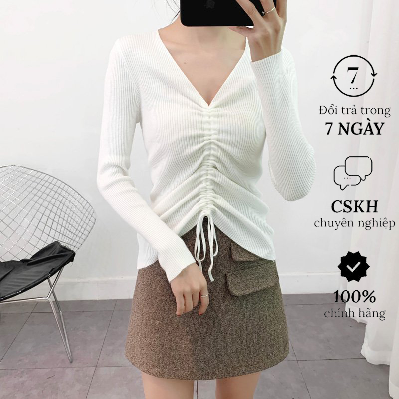 Áo len croptop ôm body tôn dáng cổ chữ V kèm dây rút thời trang ARCTIC HUNTER