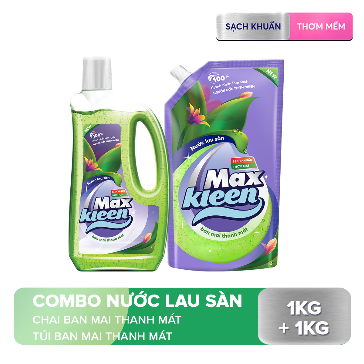 Combo Nước lau sàn Maxkleen Chai + Túi hương Ban mai thanh mát 1kg