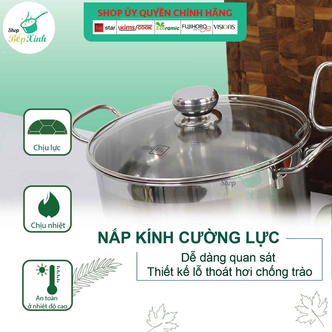 Nồi inox Fivestar 3 đáy từ nắp kính 26cm , tặng 2 muỗng canh