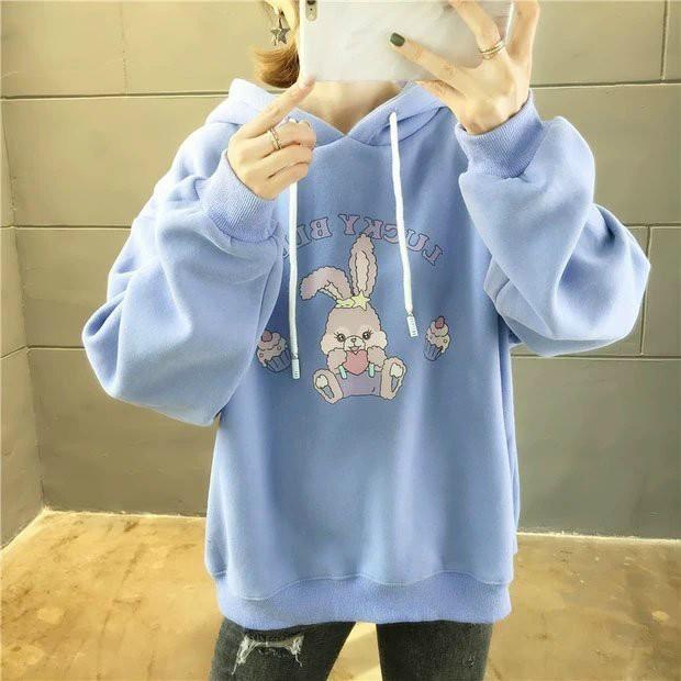 ÁO KHOÁC NỈ HOODIE IN HÌNH, NÓN PHỐI TAI THỎ XINH XẮN