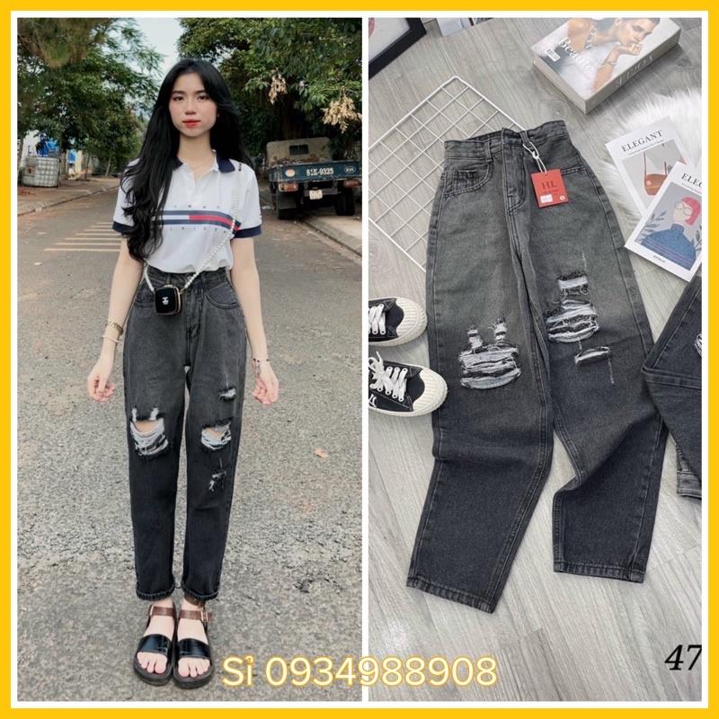 (kèm ảnh thật) Quần jean baggy nữ rách 2 bên màu xám loang mẫu mới H.N.M STORE