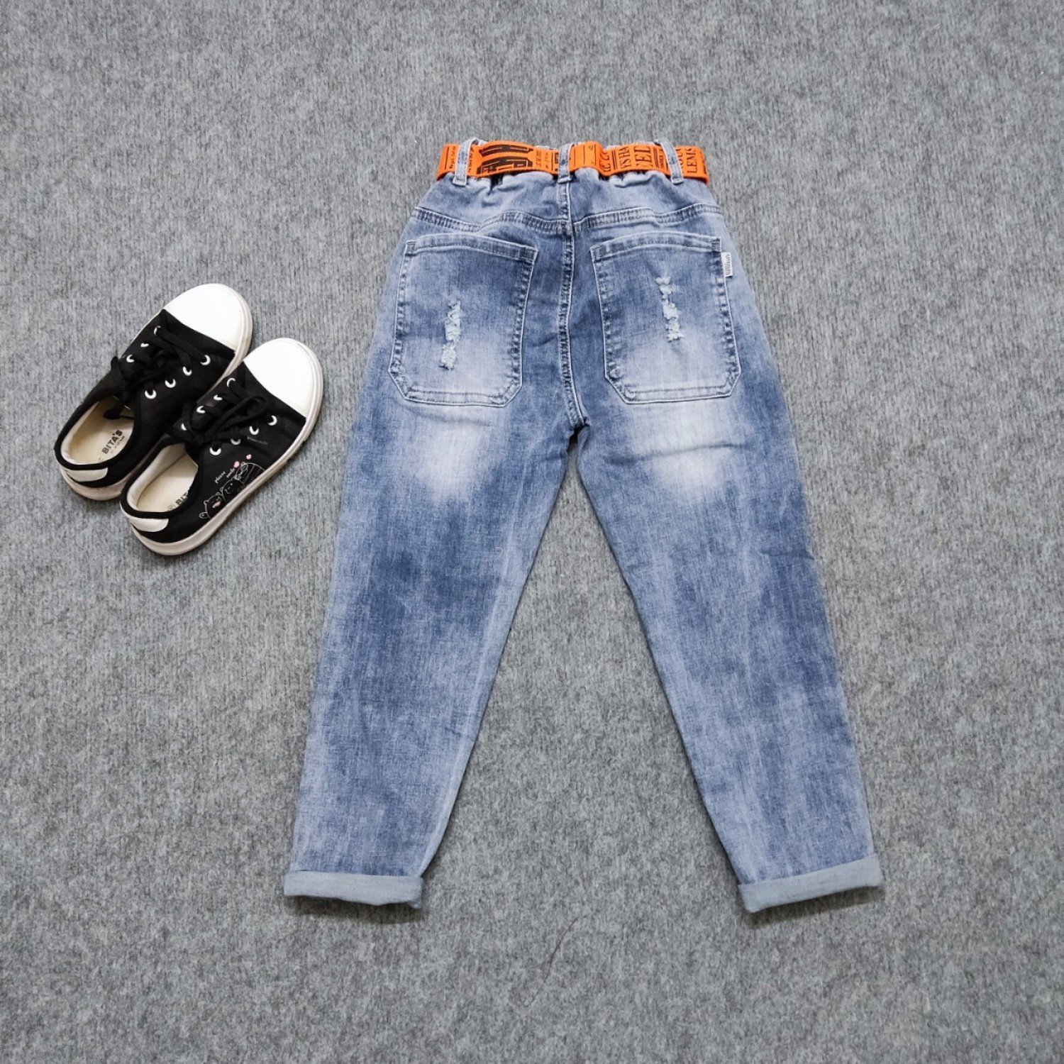 Q0112 Quần jean dài cao cấp bé trai, phom body, size đại, wax rách, chất co dãn thoải mái, kèm dây nịt