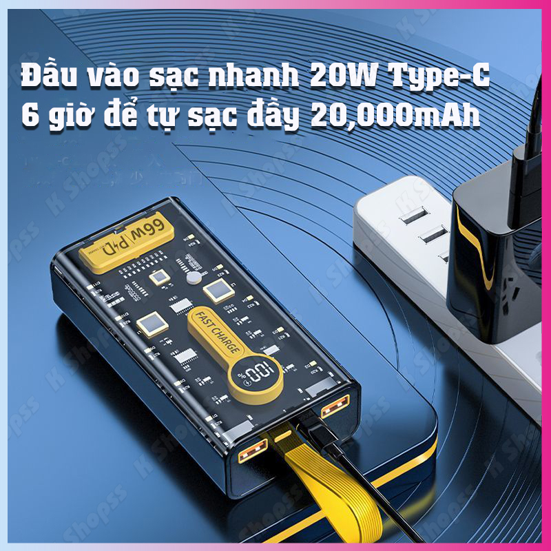 Pin Sạc Dự Phòng trong suốt 20000mAh - 66W - sạc siêu nhanh, tích hợp 4 cáp, 2 cổng usb, sạc cùng lúc nhiều điện thoại - Hàng chính hãng