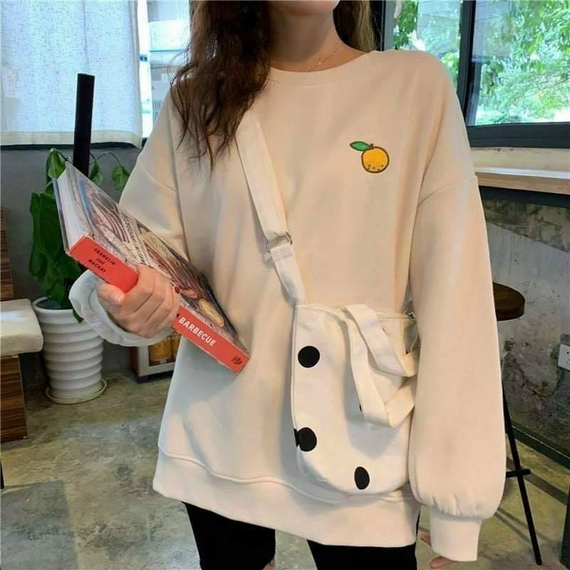 Áo Sweater Nỉ Bông Tay Dài Màu Trơn Logo Trái Cây Thêu Siêu Cute