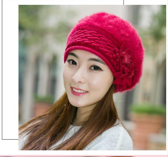 Mũ nồi len lông thỏ gắn hoa đôi thời trang Mũ nón len nữ màu đỏ