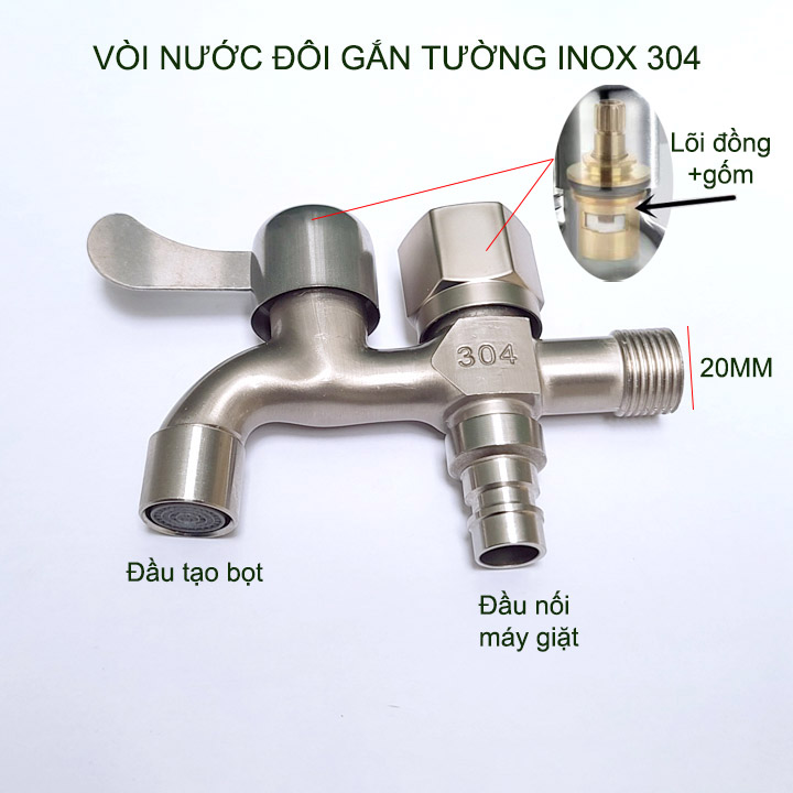 Vòi nước đôi bằng inox 304 gắn tường G03B với 01 đầu vào 2 đầu ra