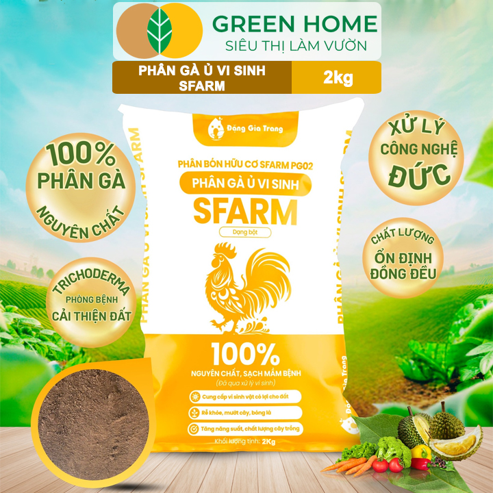 Phân Gà Ủ Vi Sinh Sfarm Greenhome, Bao 2kg, Cải Tạo Đất, Tăng Sức Đề Kháng, Tăng Năng Suất Cây Trồng
