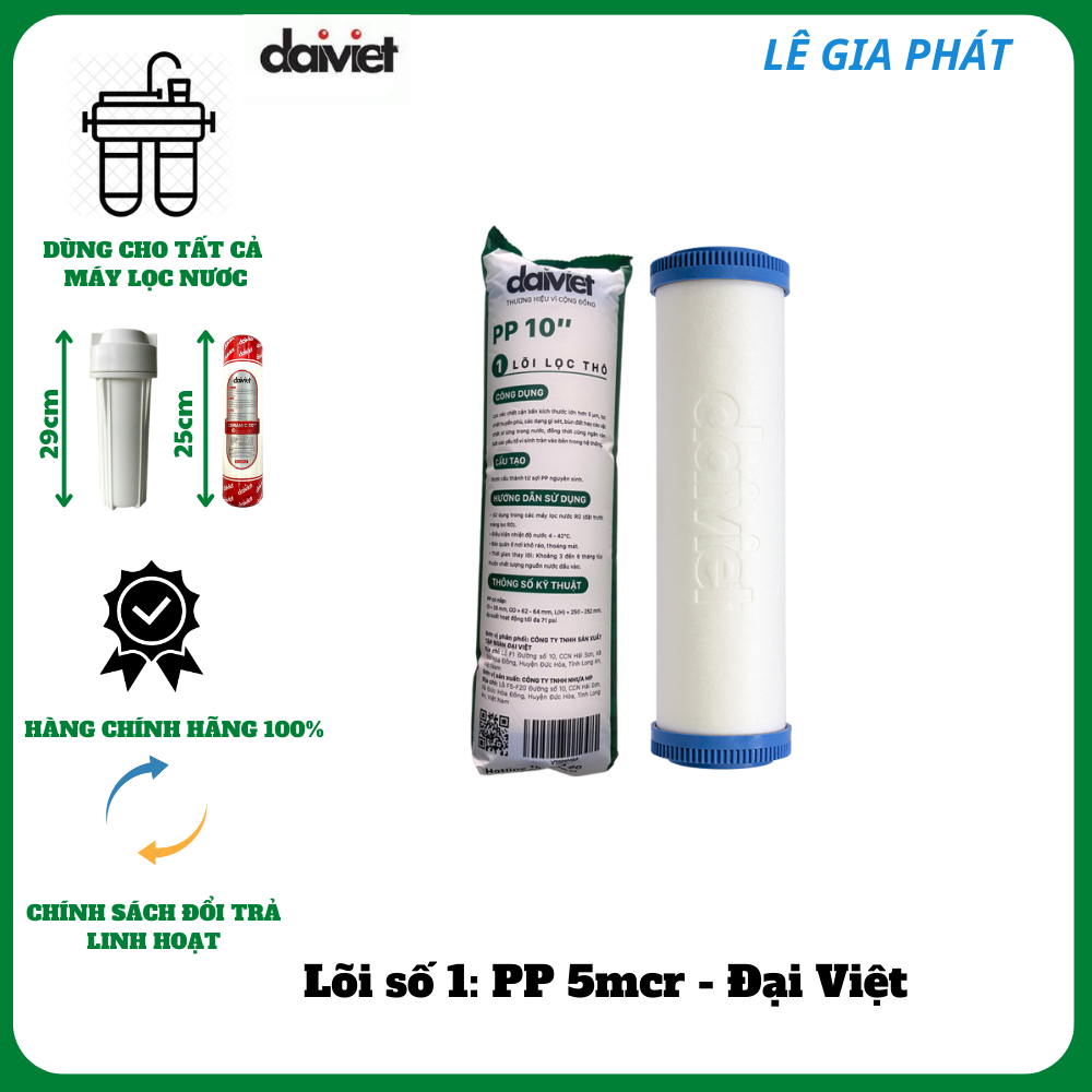 Chính Hãng - Lõi Lọc Nước RO Số 1 Lõi PP 10&quot; 5 Micro Đại Việt