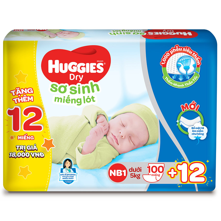 Miếng Lót Sơ Sinh Huggies Dry Newborn 1-100 (100 Miếng)+ Tặng 12 miếng