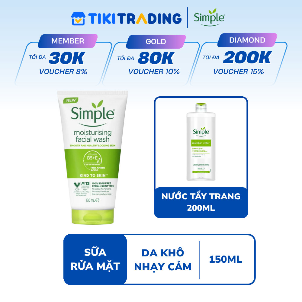 Sữa rửa mặt Simple giúp cấp ẩm, da trông khỏe và mịn màng – cho da khô nhạy cảm 150ml CHÍNH HÃNG ĐỘC QUYỀN MỚI