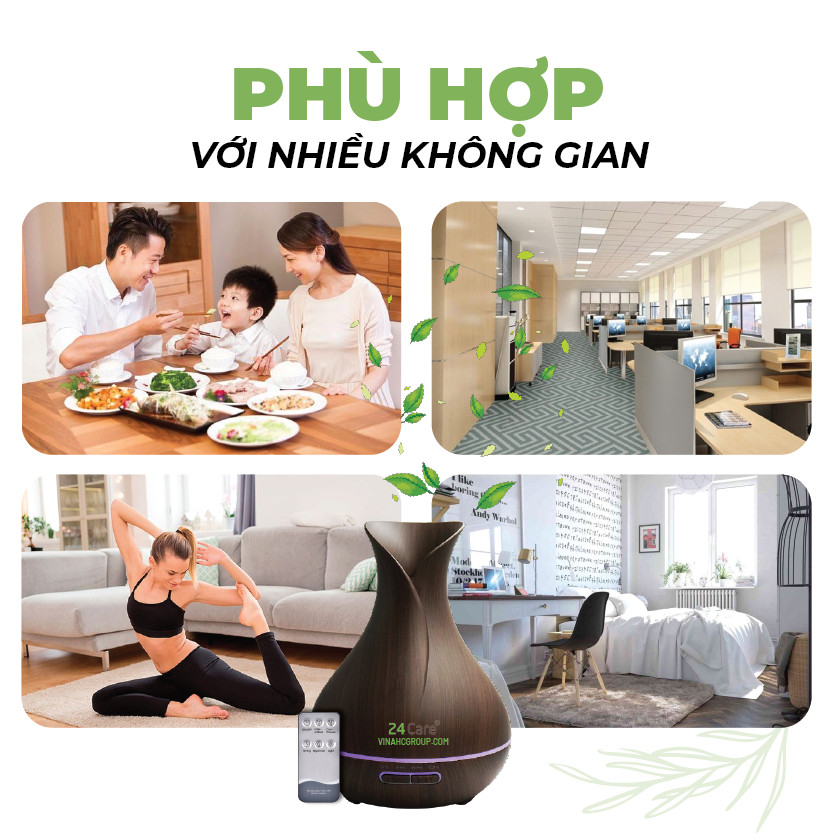 Máy khuếch tán Tinh Dầu 24Care Tulip màu Đen Ultrasonic 500ml, Tặng 3 Chai Tinh dầu Sả Chanh + Bạc Hà + Quế 24Care 10ml | Xông Phòng | Kèm Remote Điều Khiển | Công nghệ siêu âm tiên tiến