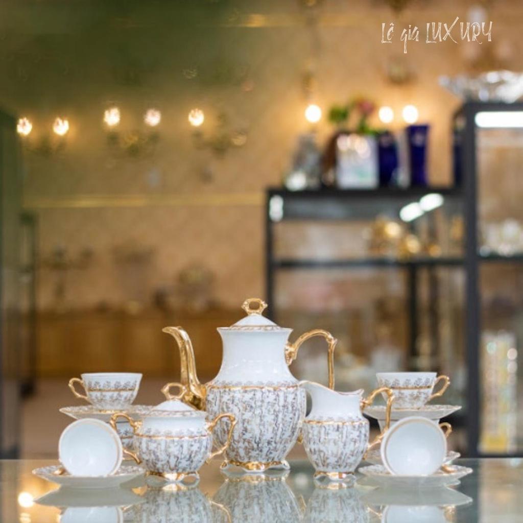 Bộ ấm chén uống trà cao cấp TÂN CỔ ĐIỂN Sang trọng, Gốm Sứ Tiệp Khắc, Ấm chén cao cấp mạ vàng 24K ACTN9, Bộ ấm chén châu Âu Tân Cổ Điển