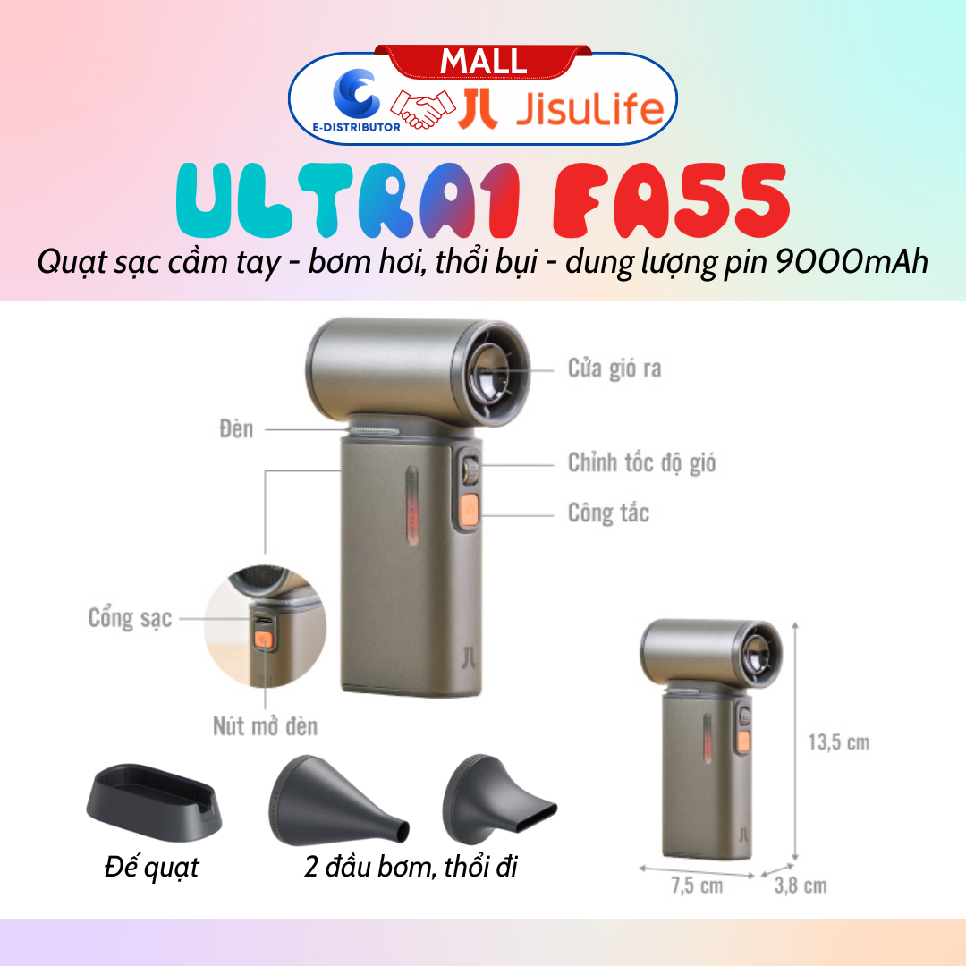 Quạt du lịch cầm tay đa năng Jisulife ULTRA1 FA55 quạt 18W, pin 6 giờ, bơm hơi, thổi bụi - Hàng chính hãng