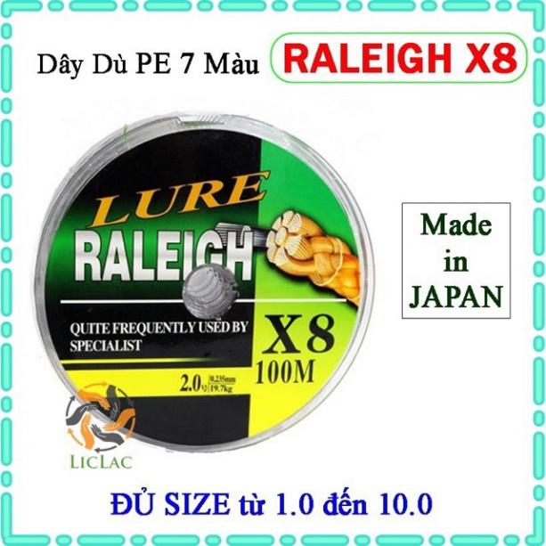 Dây dù câu cá Lure Raleigh X8 dài 100m ( ĐỦ SIZE ) Dây dù PE 7 màu Raleigh X8 Siêu Bền hàng chất lượng Nhật Bản y hình