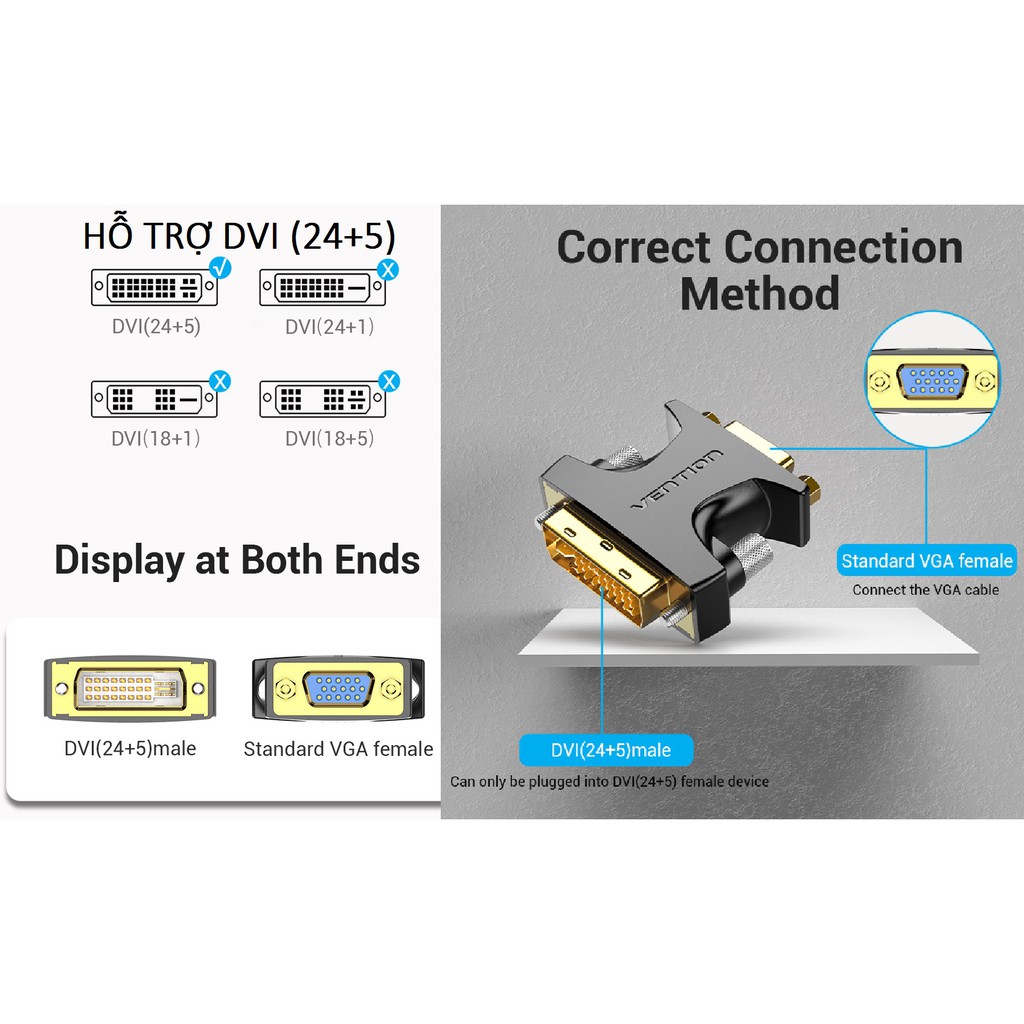 [ DVI 24+5  - VGA ]  Đầu chuyển DVI(24+5) - VGA thương hiệu Vention DV350VG  DV380VG _ Hàng chính hãng