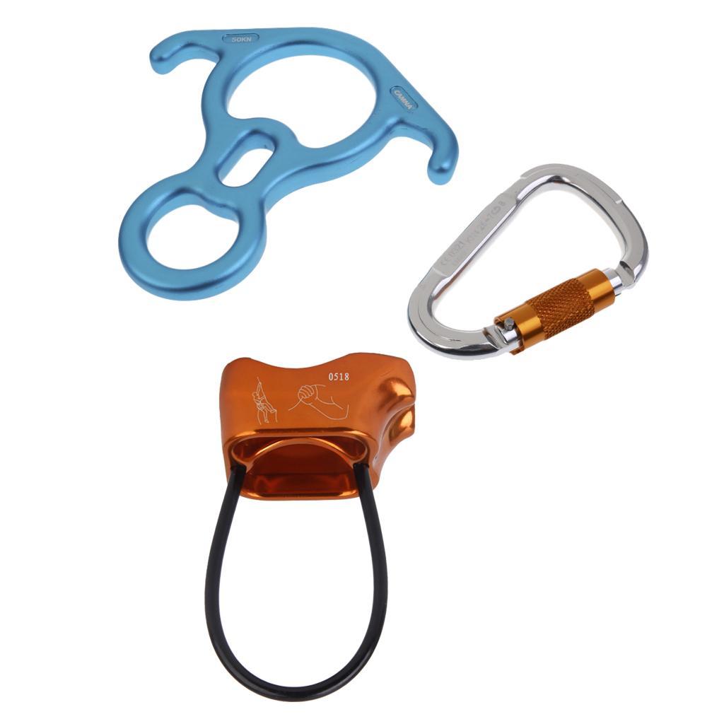 50KN Safety Figure 8 Descender + 25KN D-Shape Carabiner Hook + 25KN Rappel Device for Rock Climbing Rescue Equipment