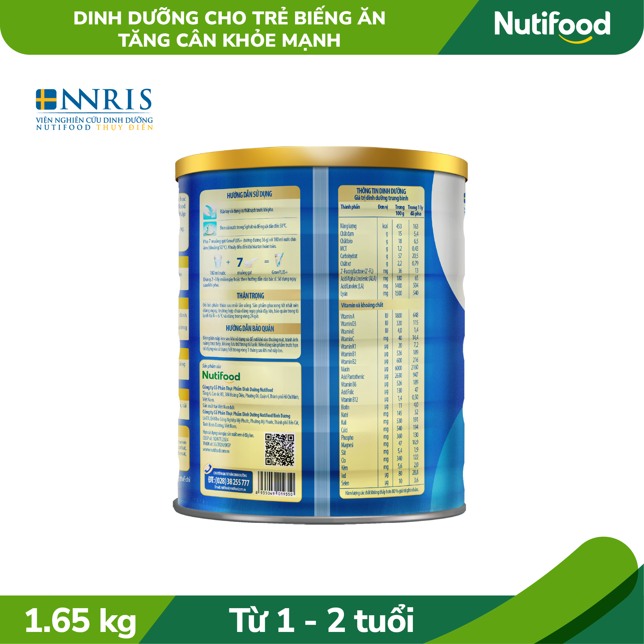 Sữa Bột GrowPLUS+ Biếng Ăn (Xanh) cho trẻ tăng cân khoẻ mạnh 1+ Lon 1,65KG