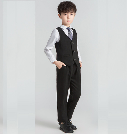 Bộ ghile vest bé trai đen TQB032 gồm 3 chi tiết (áo ghile + áo vest + quần tây) tặng kèm cavat dành cho bé từ 5 6 7 8 9 10 tuổi