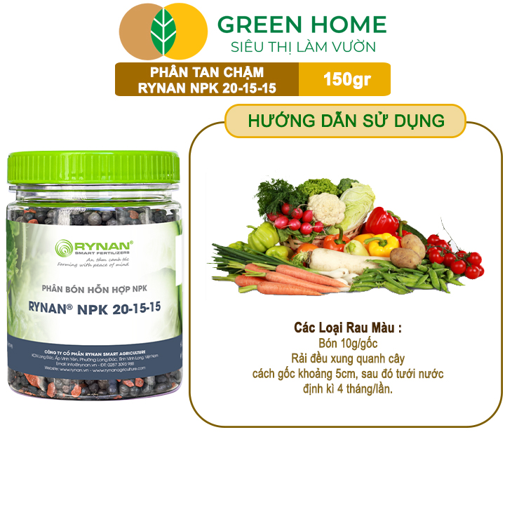 Phân Tan Chậm GreenHome, Rynan NPK 20-15-15, Hũ 150gr,Dùng Cho Loại Cây Họ Leo Bầu Bí, Mướp, Dưa Leo