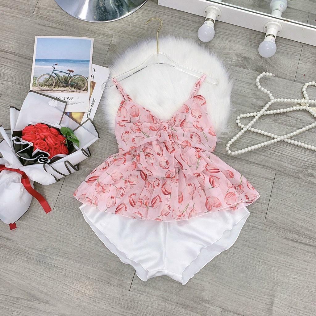 SET BỘ ĐỒ NGỦ ÁO VOAN 2 DÂY MIX QUẦN ĐÙI CỰC SEXY CHO CÁC NÀNG IU - Gold